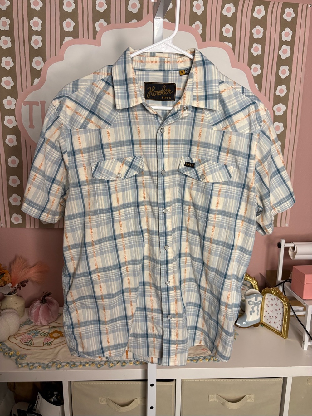 Howler Brothers Light Blue, White & Tan Plaid Short-Sleeve Button-Up
